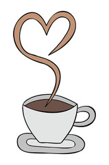 Cartoon vector illustration of heart shape with coffee and coffee smoke.