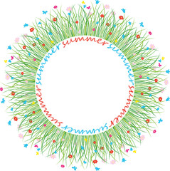 Vector decorative round frame from green grass and colorful daisies
