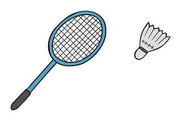 Cartoon vector illustration of badminton, racket and ball, shuttlecock.