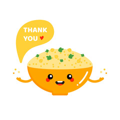 Cute happy cartoon style bowl of hummus character with speech bubble saying thank you, showing appreciation.