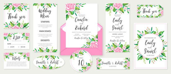 Wedding invitation card template set with watercolor roses arrangements and border