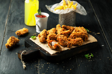 Fried wings with ketchup, sauce and lemonade on a wooden board on a dark background - 431523462