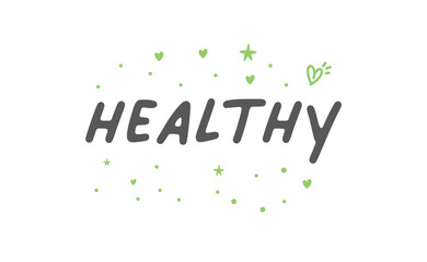 Healthy hand written lettering logo, label, badge, emblem. Organic and vegetarian food stores. Vector illustration.