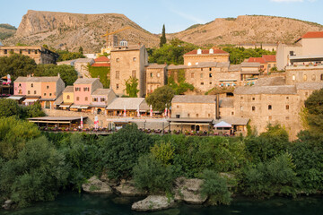 Mostar Old Town cityscape at sunset, BiH