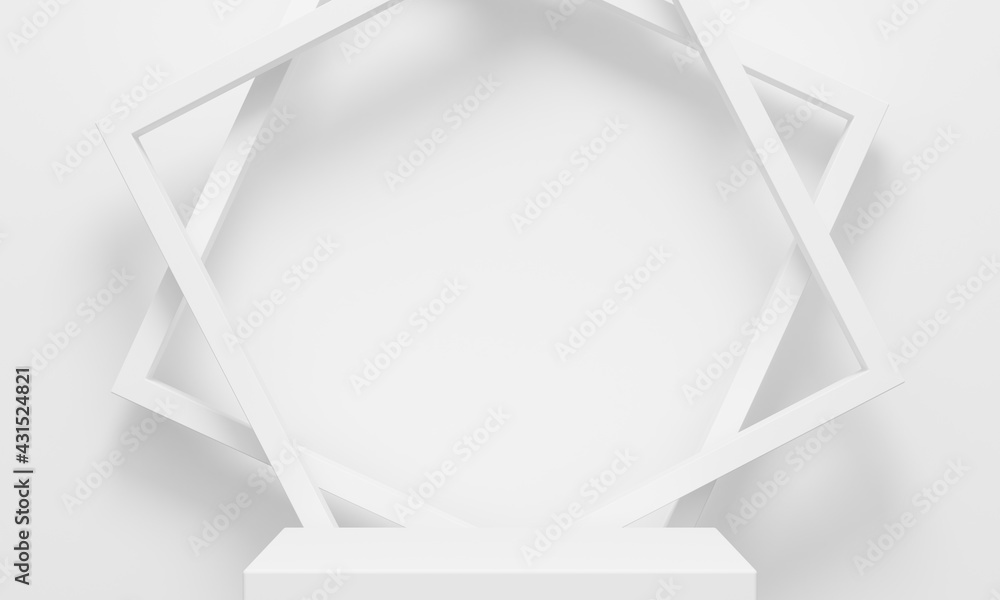 Poster square podium for cosmetics on white wall background and empty frame with shadow. 3d rendering