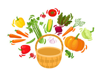 Vector illustration of cartoon different healthy vegetables in basket
