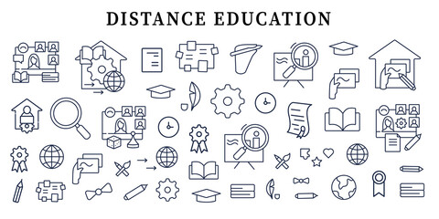 Distance education banner. Personal growth, professional development. Template for landing, web page, layout.Online lessons interface idea with icons