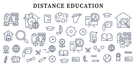 Distance education banner. Personal growth, professional development. Template for landing, web page, layout.Online lessons interface idea with icons