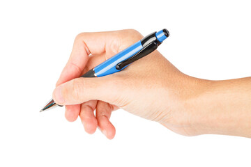 Hand holding blue pen showing writing gestures isolated on white background, clipping path