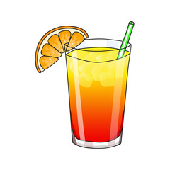 Glass of Sex on the Beach, ice cubes and orange slice. Hand drawing. Vector illustration. cartoon style. Summer cold drink.