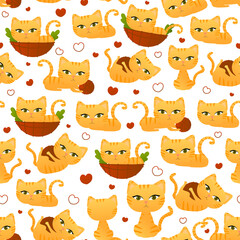 Cute red cat in different poses seamless pattern for children bedding or textile, wrapping paper in cartoon style