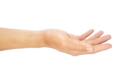 Hand gestures and symbols for receiving or asking for things or holding with a man's right hand. Isolated on a white background. With cutting path