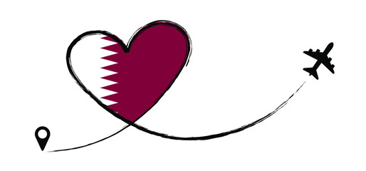 Qatar, Middle East flag. Travel holliday with love heart. Airplane line route. Flat vector plane sign.