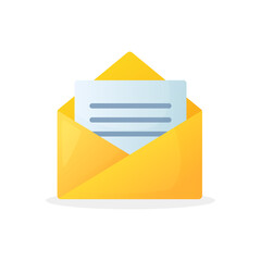 Mail icons with simple gradient. Opened envelope with paper card. Mail notification icons isolated on white.