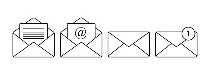 Set of mail line icons. Opened and closed envelope with note paper card. Mail notification icons.
