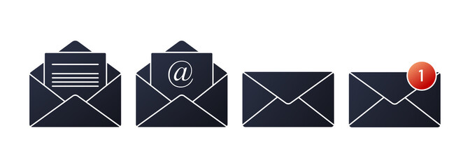Set of mail flat icons. Opened and closed envelope with note paper card. Mail notification icons.