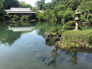 Kohama Pond filled with clear spring water at Rakujuen Park, Mishima, Japan