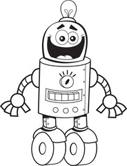 Black and white illustration of a happy robot with wheels for feet.
