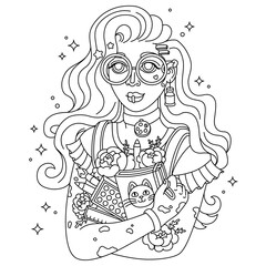 Beautiful artist girl with long hair holds her art supplies, notebook, paints, pencils. Cute illustration for a coloring book. Line picture for colouring.