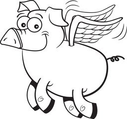 Black and white illustration of a happy pig with wings flying.