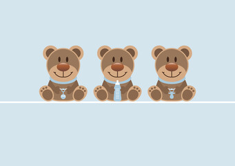Obraz premium Karte 3 Teddys Babysymbole Junge Retroblau