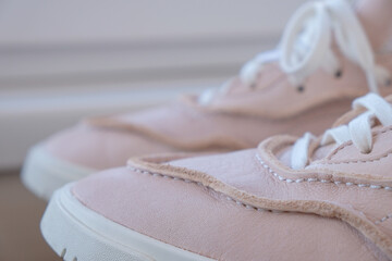 Leather texture and quality. Machine stitches on the leather. Favorite pink shoes.