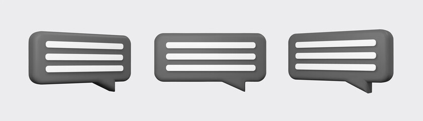 Black 3d bubble talks set isolated on gray background. Glossy black speech bubbles, dialogue, messenger shapes. 3D render vector icons for social media or website