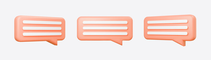 Orange 3d bubble talks set isolated on gray background. Glossy coral speech bubbles, dialogue, messenger shapes. 3D render vector icons for social media or website