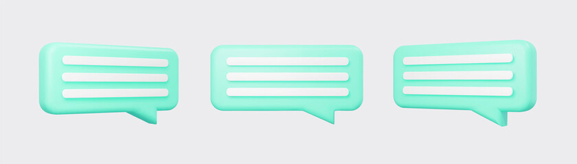 Cyan 3d bubble talks set isolated on gray background. Glossy blue speech bubbles, dialogue, messenger shapes. 3D render vector icons for social media or website