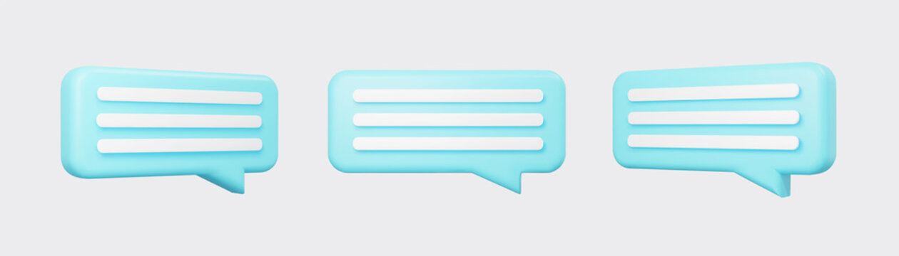 Blue 3d bubble talks set isolated on gray background. Glossy blue speech bubbles, dialogue, messenger shapes. 3D render vector icons for social media or website