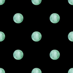 Seamless pattern with polka dots. Painted green watercolor circles on black background
