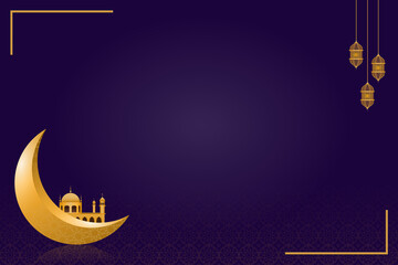 Obraz na płótnie Canvas Wallpaper of the Ramadan Kareem. There are three lanterns with mosques, a crescent moon, and dark tone background. Design for Islamic or Muslim traditions with free space.Illustration.