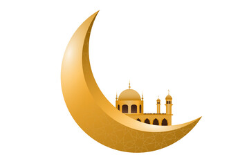Crescent moon and mosque Beautiful golden color on white background for card design or Ramadan Kareem background.