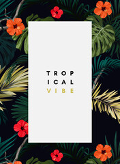 Dark tropical design with exotic monstera and royal palm leaves and red hibiscus flowers. Vector illustration.
