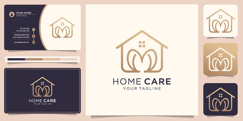Home care logo with love line art style and business card design vector template, decoration, home.Premium Vector