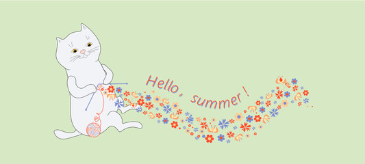 Hello summer! White cat and flowers.Vector graphics, background isolated.