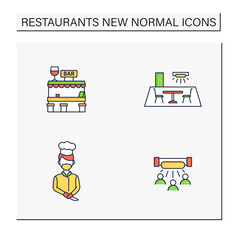 Restaurant new normal color icons set.Disinfection,ultraviolet light disinfection,worker uniform,outdoor bar. Regulation through covid19.New rules concept. Isolated vector illustrations