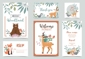 Fototapeta premium Collection of woodland background set with leaf,flower,animal.Editable vector illustration for website, invitation,postcard and poster.Thank you