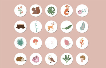 Woodland object collection with deer,fox,owl for social media,sticker