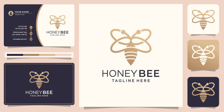 honey bee logo design.line art concept vector symbol illustration gold and business card template .premium vector