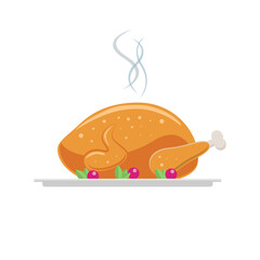 Fried chicken on a platter decorated with leaves and berries. Vector illustration isolated on a white background. Icon, sign, template for design.