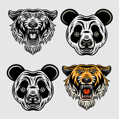 Panda head and tiger head cartoon characters. Animals set of vector objects in two styles colored and black and white