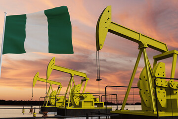 Nice pumpjack oil extraction and cloudy sky in sunset with the Nigeria flag.