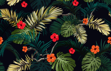 Dark tropical seamless pattern with exotic monstera and royal palm leaves and red hibiscus flowers. Vector illustration. © Ms.Moloko