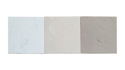 artificial stone or quartz stone samples including light grey ,ivory and beige color tone isolated on white background with clipping path. grainy quartz stone samples for interiror construction.