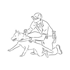 Man cartoon character giving command or order to his dog, sketch vector illustration isolated on white background. Man teaching and training a pet to understand command.