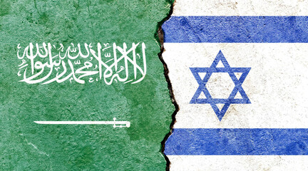 Saudi Arabia vs Israel flags on cracked wall, political conflict concept