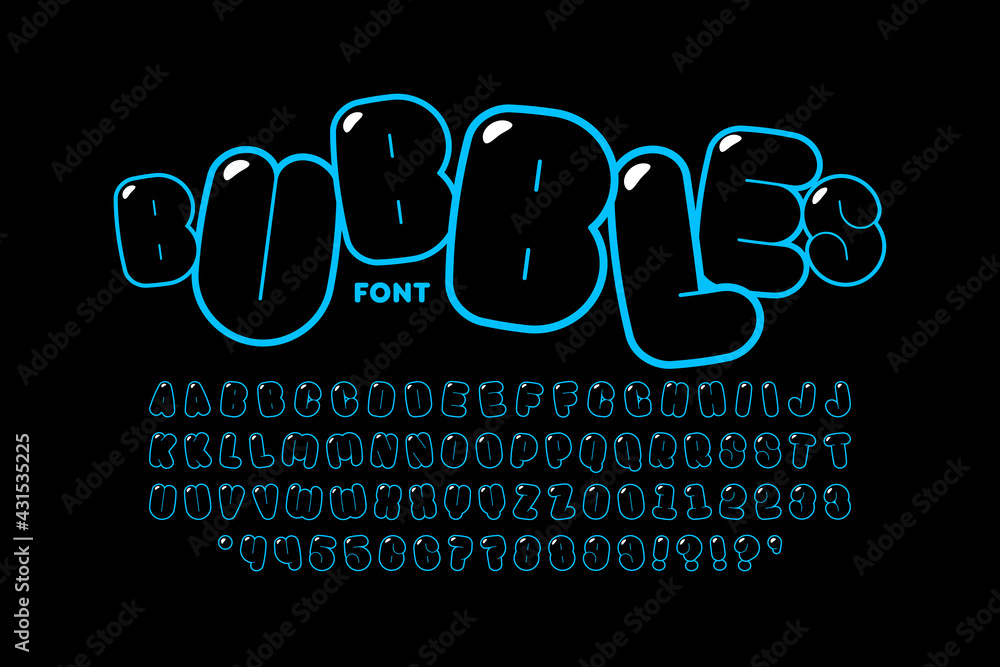 Poster bubble style font design, alphabet letters, numbers and punctuation marks