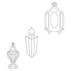 Eastern Arabic traditional portable lantern. Doodle style set. Vector stock illustration.