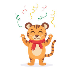 Cute tiger in a scarf celebrates Christmas and New Year 2022. Year of the tiger. Vector illustration